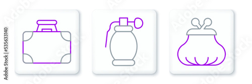 Set line Wallet, Briefcase and money and Hand grenade icon. Vector