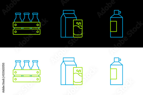 Set line Whipped cream in bottle, Bottled milk wooden box and Paper package for kefir icon. Vector