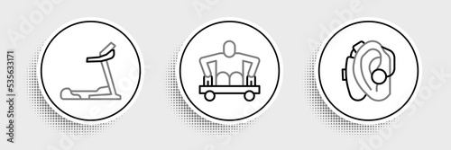 Set line Hearing aid, Treadmill machine and Man without legs sitting wheelchair icon. Vector