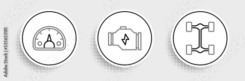 Set line Chassis car, Speedometer and Check engine icon. Vector