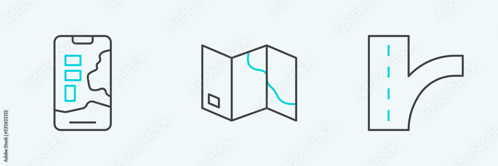 Set line Road traffic sign, City map navigation and Folded icon. Vector
