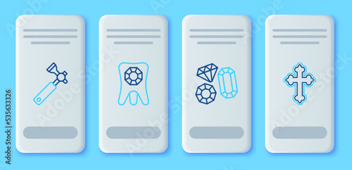 Set line Tooth with diamond, Gem stone, Jewelers lupe and Christian cross icon. Vector