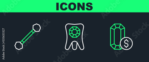 Set line Jewelry online shopping, Piercing and Tooth with diamond icon. Vector