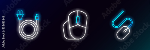 Set line Computer mouse, Electric plug and icon. Glowing neon. Vector
