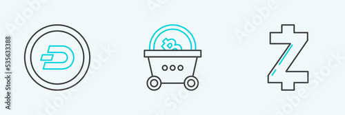 Set line Cryptocurrency coin Zcash ZEC, Dash and Shopping basket with bitcoin icon. Vector