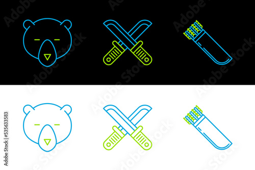 Set line Quiver with arrows, Bear head and Crossed hunter knife icon. Vector