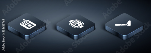Set Isometric Press the SOS button, Prosthesis leg and Smart watch icon. Vector