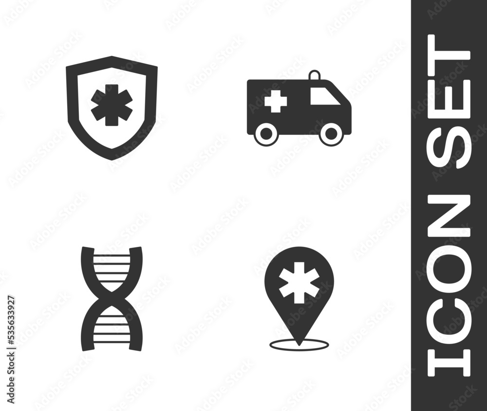Set Location hospital, Life insurance, DNA symbol and Ambulance car icon. Vector Set Location hospital, Life insurance, DNA symbol and Ambulance car icon. Vector