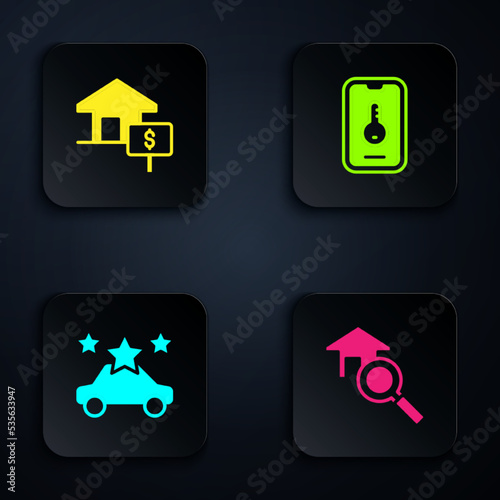 Set Search house, House with dollar, Car sharing and Online real estate. Black square button. Vector