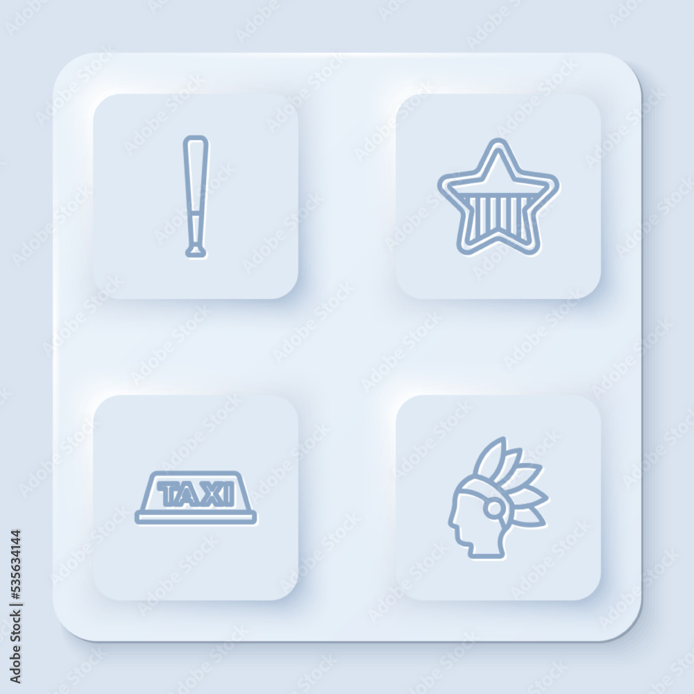 Set line Baseball bat, USA Independence day, Taxi car roof and Native American Indian. White square button. Vector Set line Baseball bat, USA Independence day, Taxi car roof and Native American Indian. White square button. Vector