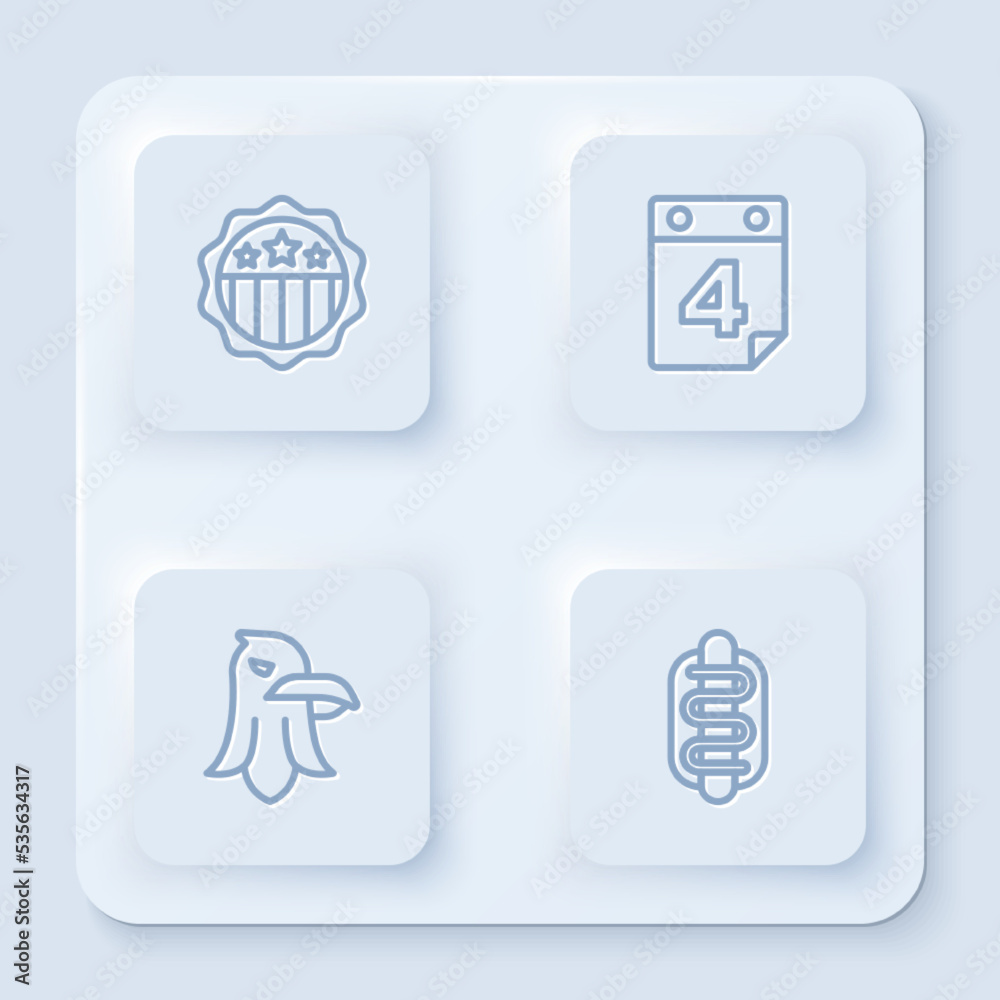 Set line USA Independence day, Calendar with date July 4, Eagle and Hotdog sandwich. White square button. Vector Set line USA Independence day, Calendar with date July 4, Eagle and Hotdog sandwich. White square button. Vector