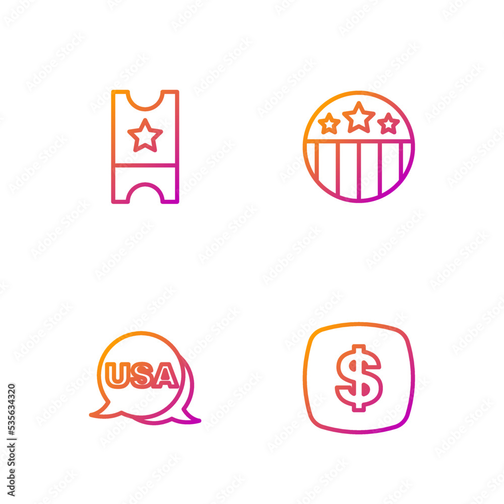 Set line Dollar symbol, USA Independence day, Baseball ticket and Medal with star. Gradient color icons. Vector