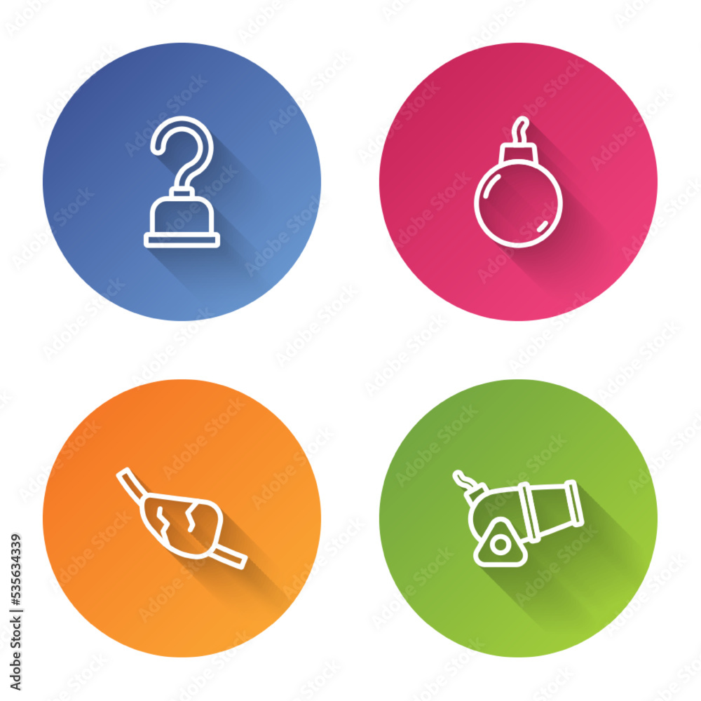 Set line Pirate hook, Bomb ready to explode, eye patch and Cannon. Color circle button. Vector Set line Pirate hook, Bomb ready to explode, eye patch and Cannon. Color circle button. Vector