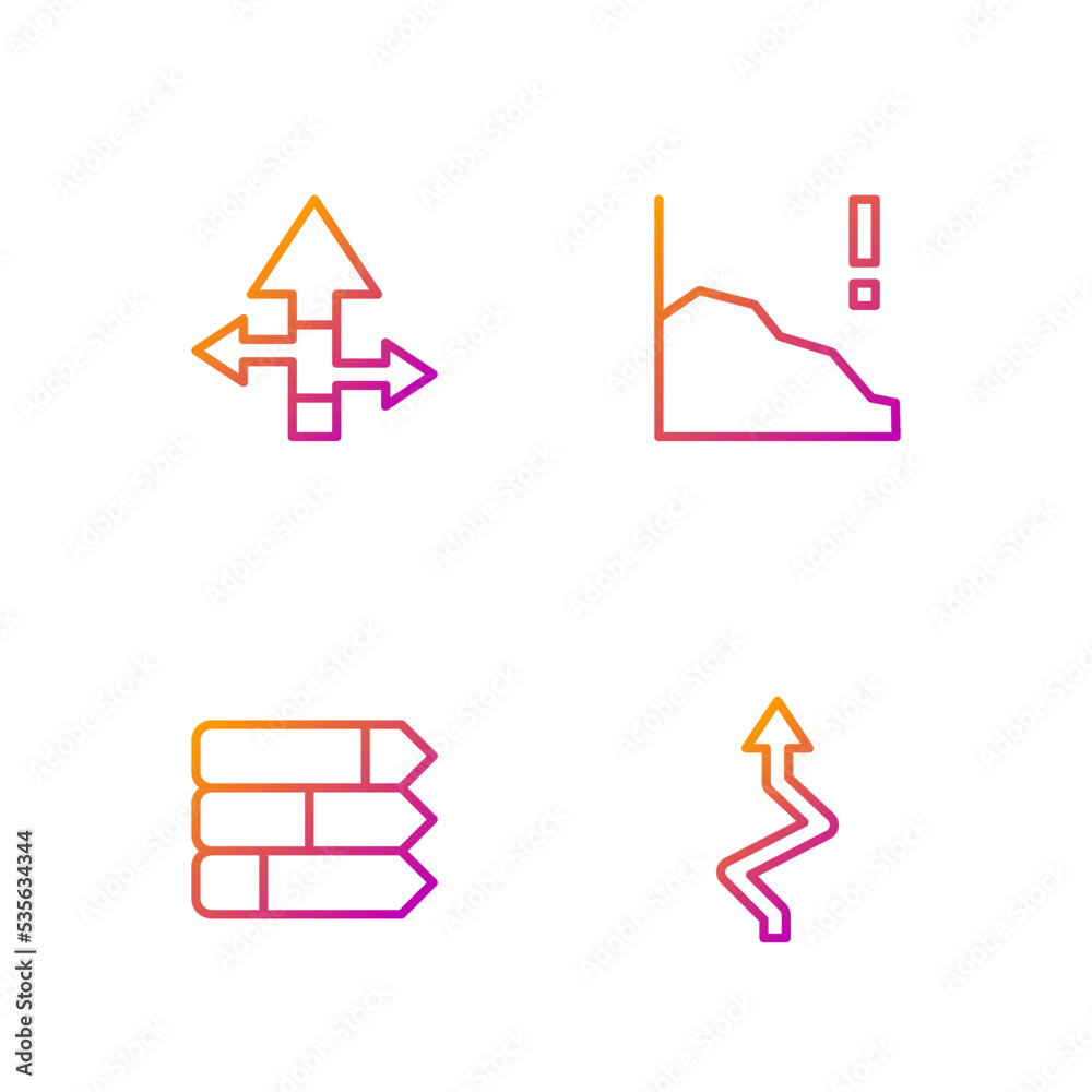 Set line Arrow, Pie chart infographic, and Financial growth decrease. Gradient color icons. Vector Set line Arrow, Pie chart infographic, and Financial growth decrease. Gradient color icons. Vector