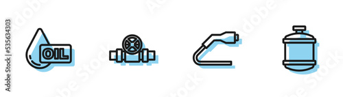 Set line Electrical cable plug charging, Oil drop, Metallic pipes and valve and Propane gas tank icon. Vector