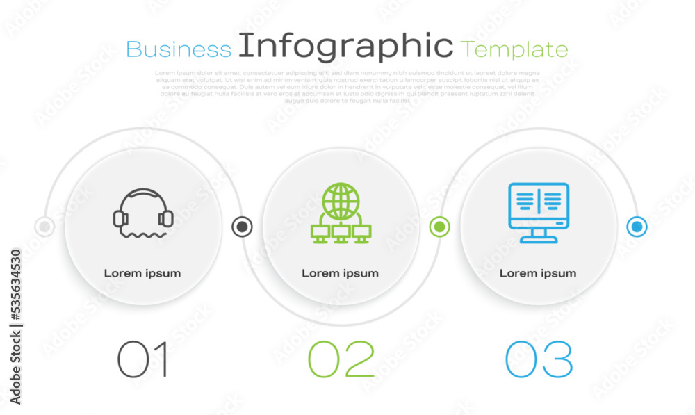 Set line Headphones, Computer network and Online book monitor. Business infographic template. Vector Set line Headphones, Computer network and Online book monitor. Business infographic template. Vector