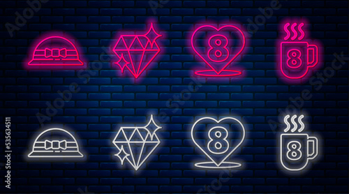 Set line Diamond, Heart with 8 March, Elegant women hat and Coffee cup with 8 March. Glowing neon icon on brick wall. Vector