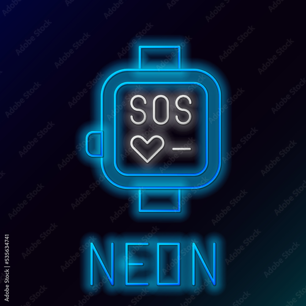 Glowing neon line Smart watch showing heart beat rate icon isolated on black background. Fitness App concept. Colorful outline concept. Vector Glowing neon line Smart watch showing heart beat rate icon isolated on black background. Fitness App concept. Colorful outline concept. Vector