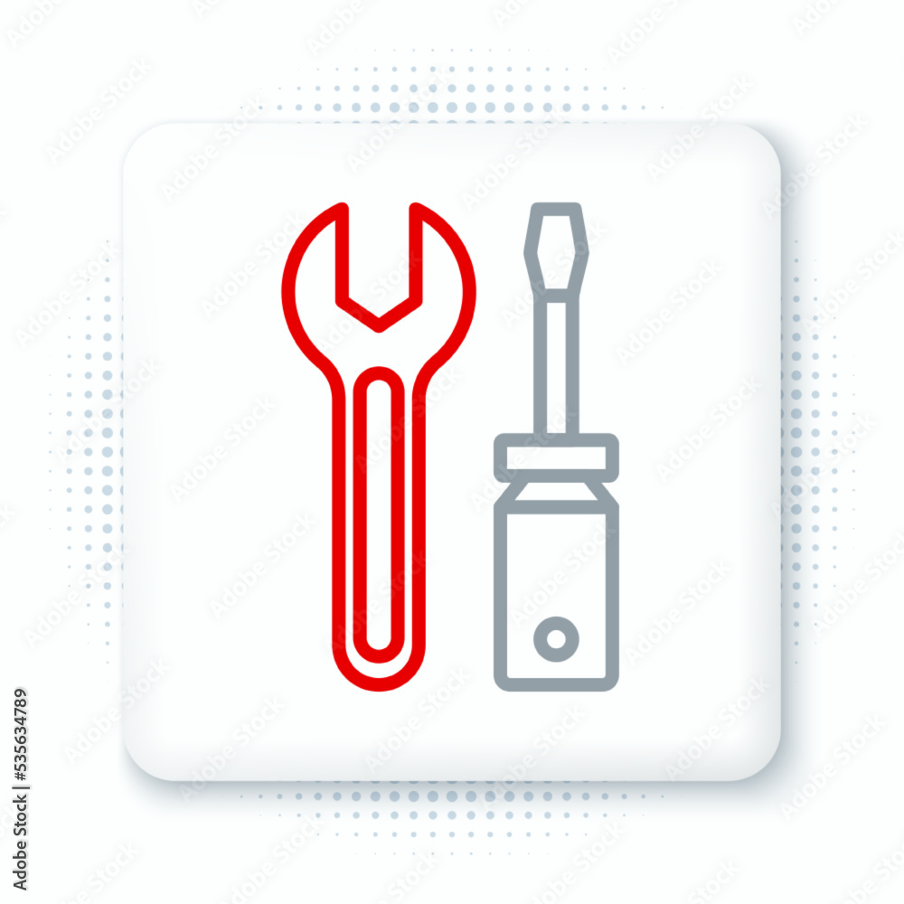 Line Screwdriver and wrench spanner tools icon isolated on white background. Service tool symbol. Colorful outline concept. Vector Line Screwdriver and wrench spanner tools icon isolated on white background. Service tool symbol. Colorful outline concept. Vector