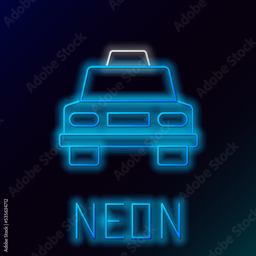 Glowing neon line Taxi car icon isolated on black background. Colorful outline concept. Vector
