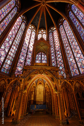 Stained glass windows inside the Sainte Chapelle a royal Medieval chapel in Paris.