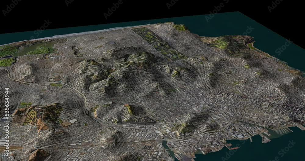 San Francisco map rotate 360 loop cw with 3d relief 4K satellite ground ...