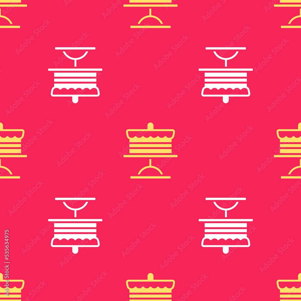 Yellow Cake on plate icon isolated seamless pattern on red background. Happy Birthday. Vector Yellow Cake on plate icon isolated seamless pattern on red background. Happy Birthday. Vector