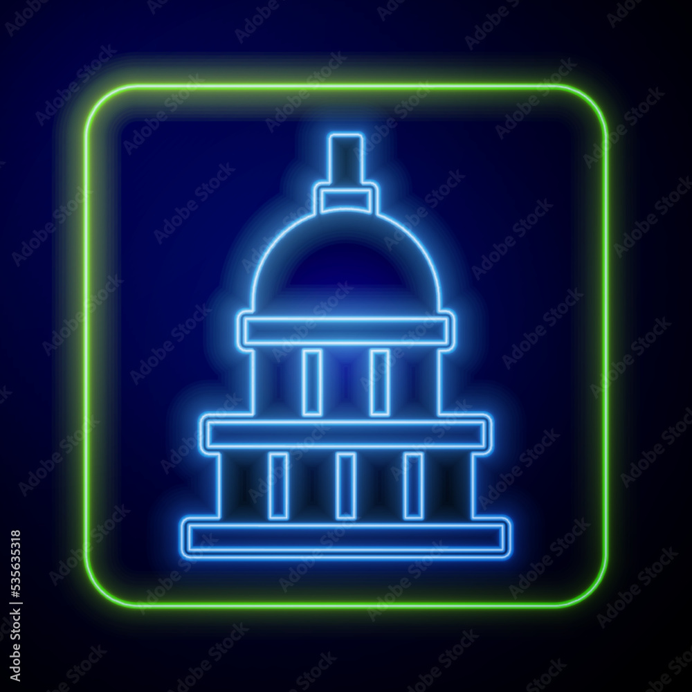 Glowing neon White House icon isolated on blue background. Washington DC. Vector Glowing neon White House icon isolated on blue background. Washington DC. Vector