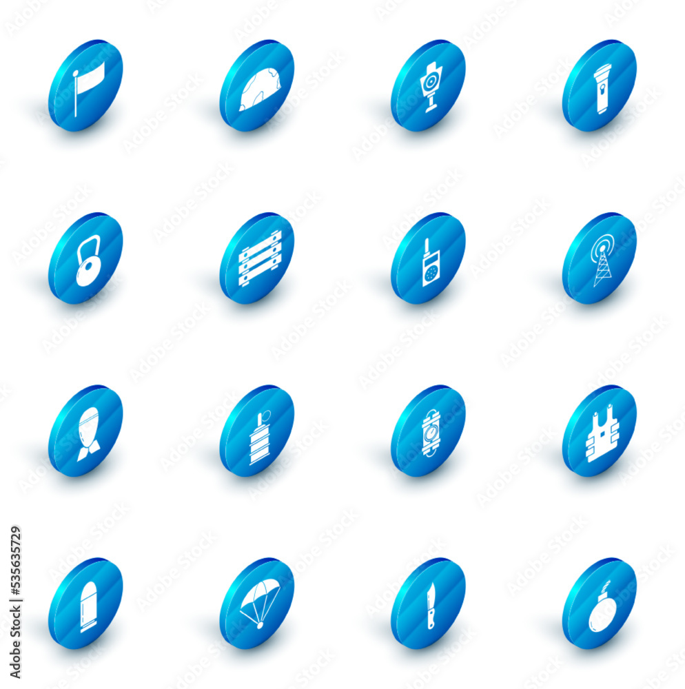Set Military helmet, Human target sport for shooting, Flashlight, Kettlebell, Aviation bomb, ammunition box, Radar and Walkie talkie icon. Vector Set Military helmet, Human target sport for shooting, Flashlight, Kettlebell, Aviation bomb, ammunition box, Radar and Walkie talkie icon. Vector