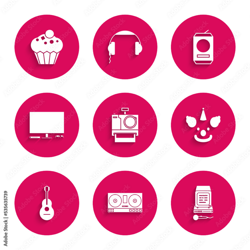Set Photo camera, DJ remote for playing and mixing music, Karaoke, Clown head, Guitar, Video game console, Beer can and Muffin icon. Vector Set Photo camera, DJ remote for playing and mixing music, Karaoke, Clown head, Guitar, Video game console, Beer can and Muffin icon. Vector