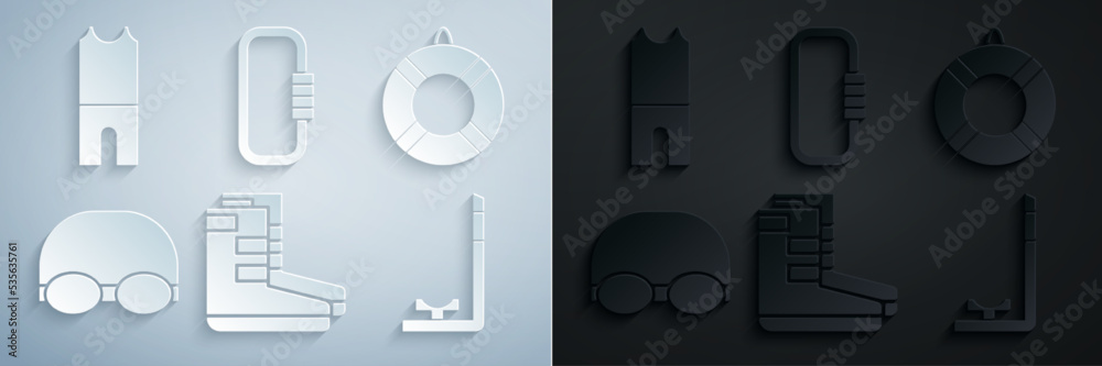 Set Boots, Lifebuoy, Glasses and cap for swimming, Snorkel, Carabiner and Wetsuit scuba diving icon. Vector