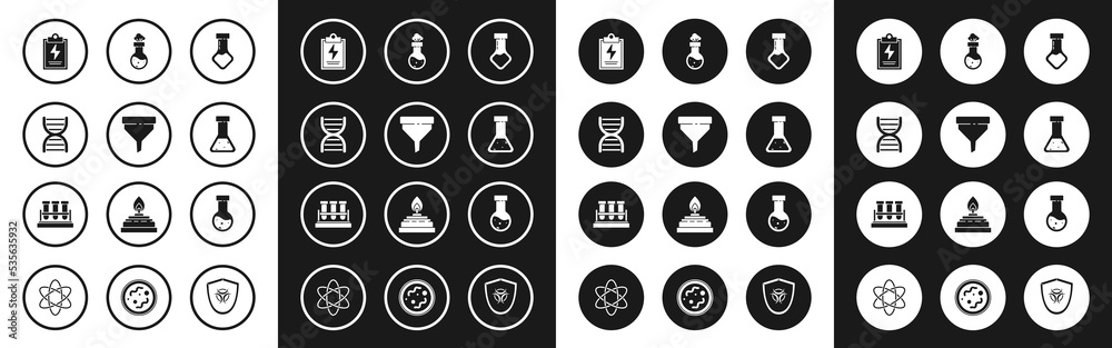 Set Test tube and flask chemical, Funnel or filter, DNA symbol, Laboratory clipboard with checklist, and icon. Vector