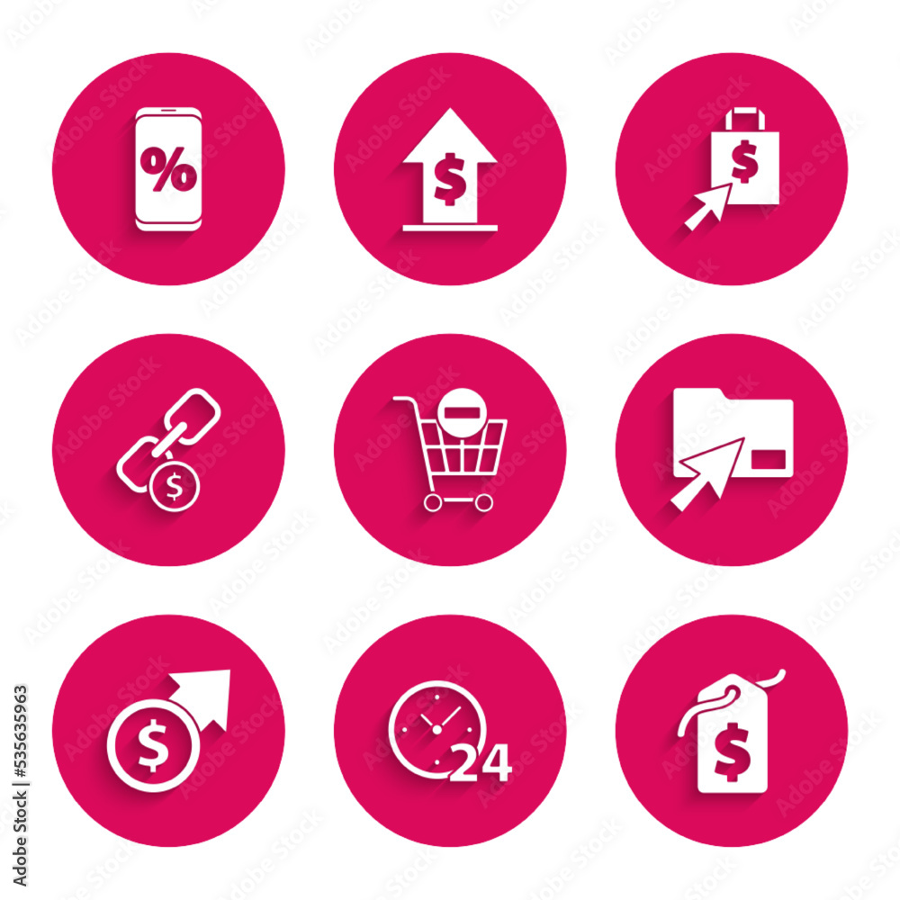 Set Remove shopping cart, Clock 24 hours, Price tag with dollar, Cursor click document folder, Financial growth and coin, Chain link, Shoping bag and Percent discount mobile icon. Vector Set Remove shopping cart, Clock 24 hours, Price tag with dollar, Cursor click document folder, Financial growth and coin, Chain link, Shoping bag and Percent discount mobile icon. Vector