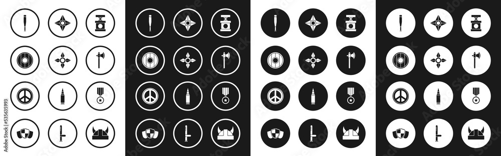 Set Handle detonator for dynamite, Japanese ninja shuriken, Round wooden shield, Baseball bat, Medieval axe, Military reward medal and Peace icon. Vector Set Handle detonator for dynamite, Japanese ninja shuriken, Round wooden shield, Baseball bat, Medieval axe, Military reward medal and Peace icon. Vector