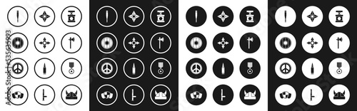 Set Handle detonator for dynamite, Japanese ninja shuriken, Round wooden shield, Baseball bat, Medieval axe, Military reward medal and Peace icon. Vector