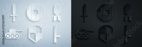 Set Shield, Aviation bomb, Military tank, Police rubber baton, Round wooden shield and Medieval sword icon. Vector