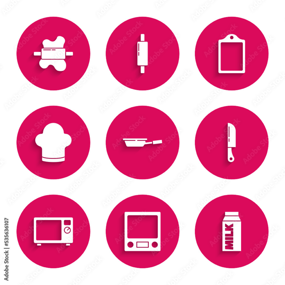 Set Frying pan, Electronic scales, Paper package for milk, Knife, Microwave oven, Chef hat, Cutting board and Rolling pin dough icon. Vector Set Frying pan, Electronic scales, Paper package for milk, Knife, Microwave oven, Chef hat, Cutting board and Rolling pin dough icon. Vector