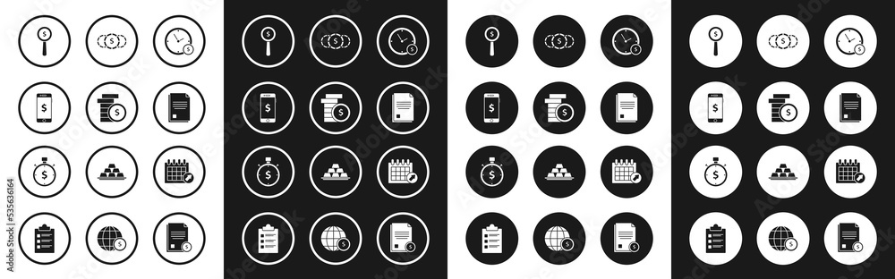 Set Time is money, Coin with dollar symbol, Smartphone, Magnifying glass and, File document, Calendar and icon. Vector Set Time is money, Coin with dollar symbol, Smartphone, Magnifying glass and, File document, Calendar and icon. Vector