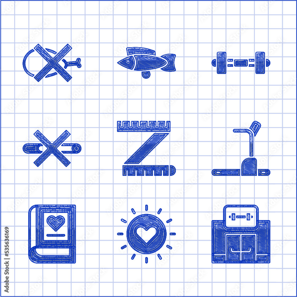 Set Tape measure, Sun, Gym building, Treadmill machine, Medical book, No Smoking, Dumbbell and meat icon. Vector Set Tape measure, Sun, Gym building, Treadmill machine, Medical book, No Smoking, Dumbbell and meat icon. Vector