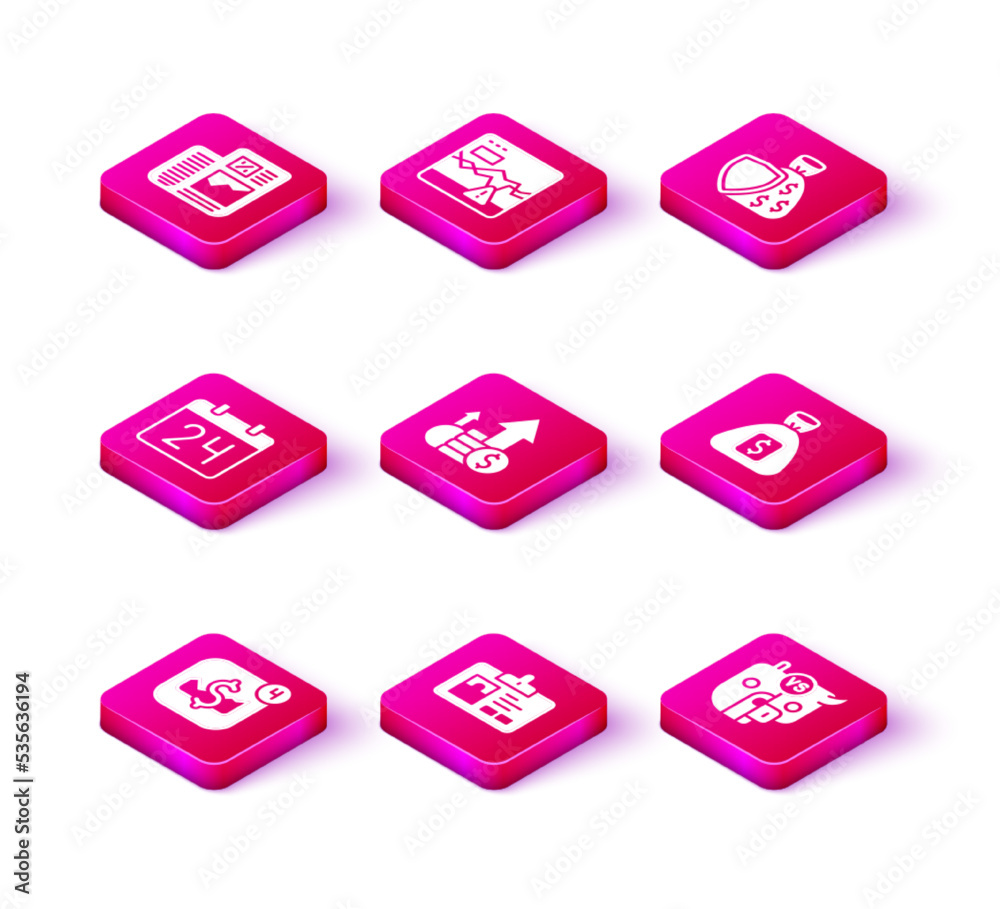 Set Mobile stock trading, Identification badge, Calendar, Financial growth and coin, Bull bear of market, Money bag, Shield money and Failure stocks icon. Vector Set Mobile stock trading, Identification badge, Calendar, Financial growth and coin, Bull bear of market, Money bag, Shield money and Failure stocks icon. Vector