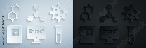 Set Equation solution, Virus, Electrical panel, Test tube and flask, Molecule and Chemical formula icon. Vector