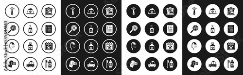 Set Pet grooming, shampoo, Flea search, Hair brush for dog and cat, Grooming salon price list, food bowl, Calendar and shower icon. Vector