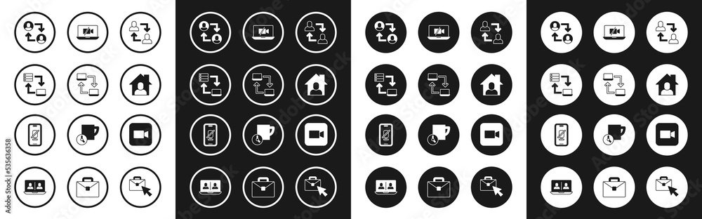 Set Project team base, Online working, Video camera Off on laptop, Camera and Mute microphone mobile icon. Vector Set Project team base, Online working, Video camera Off on laptop, Camera and Mute microphone mobile icon. Vector
