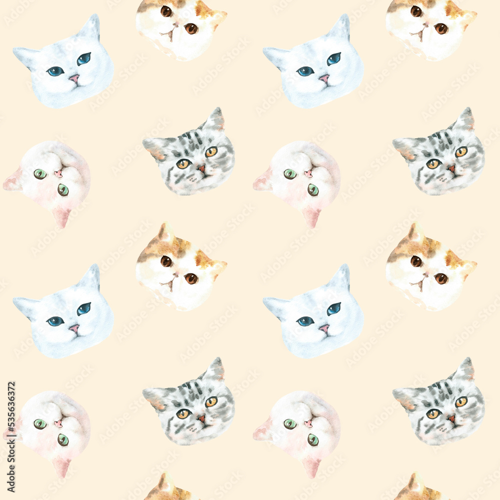 Watercolor cat pattern, cute fabric design for kids, cat breeds, british ,pale background seanpless pattern, scrapbooking,wallpaper,wrapping, gift,paper, for clothes, children textile,digital paper, 