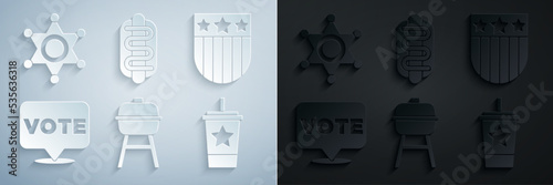 Set Barbecue grill, Shield with stars, Vote, Paper glass straw, Hotdog sandwich and Hexagram sheriff icon. Vector