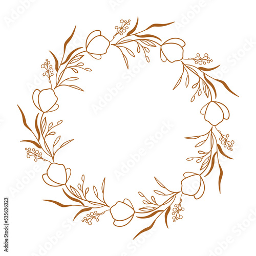 Floral decorative wreath. Round frame for greeting card, wedding invitation, save the date, cosmetic. Vector illustration isolated on white background 