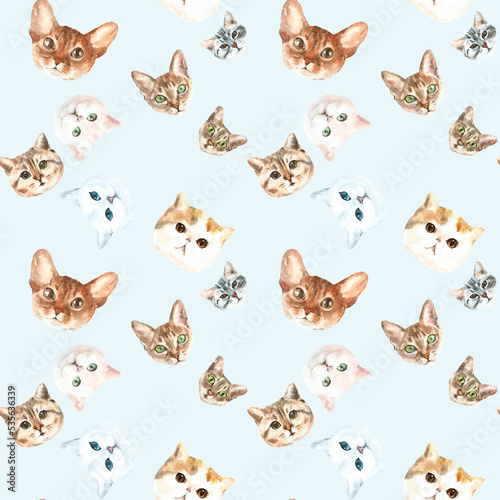 Watercolor cat pattern, cute fabric design for kids, cat breeds, british ,pale background seanpless pattern, scrapbooking,wallpaper,wrapping, gift,paper, for clothes, children textile,digital paper,  © Catherine