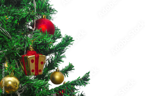 Close up of decorations on a Christmas tree. Selective focus and transparent background.	