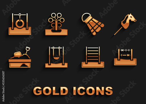 Set Swing, Toy horse, Abacus, Swedish wall, Sandbox with sand, Badminton shuttlecock, Car tire hanging rope and Ferris wheel icon. Vector