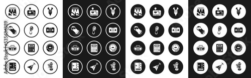 Set Swimsuit, Ear with earring, Skateboard trick, Short or pants, Retro audio cassette tape, Joystick, Music CD player and Home stereo two speakers icon. Vector